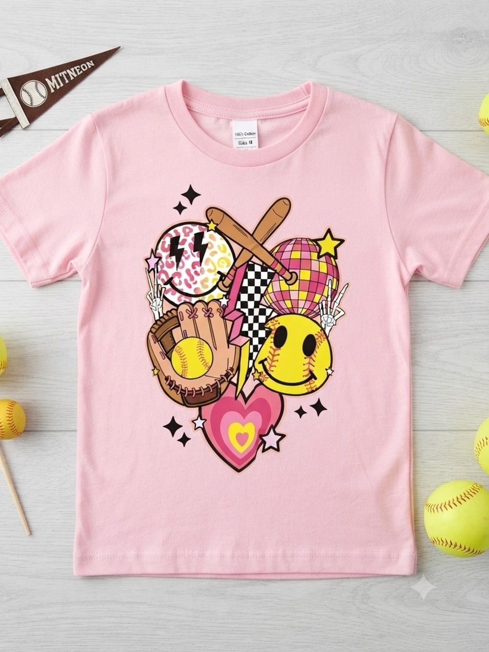 Kids 100% Cotton Pink Short Sleeve Softball Graphic Heart Tee, SzM(10-12), NWOT